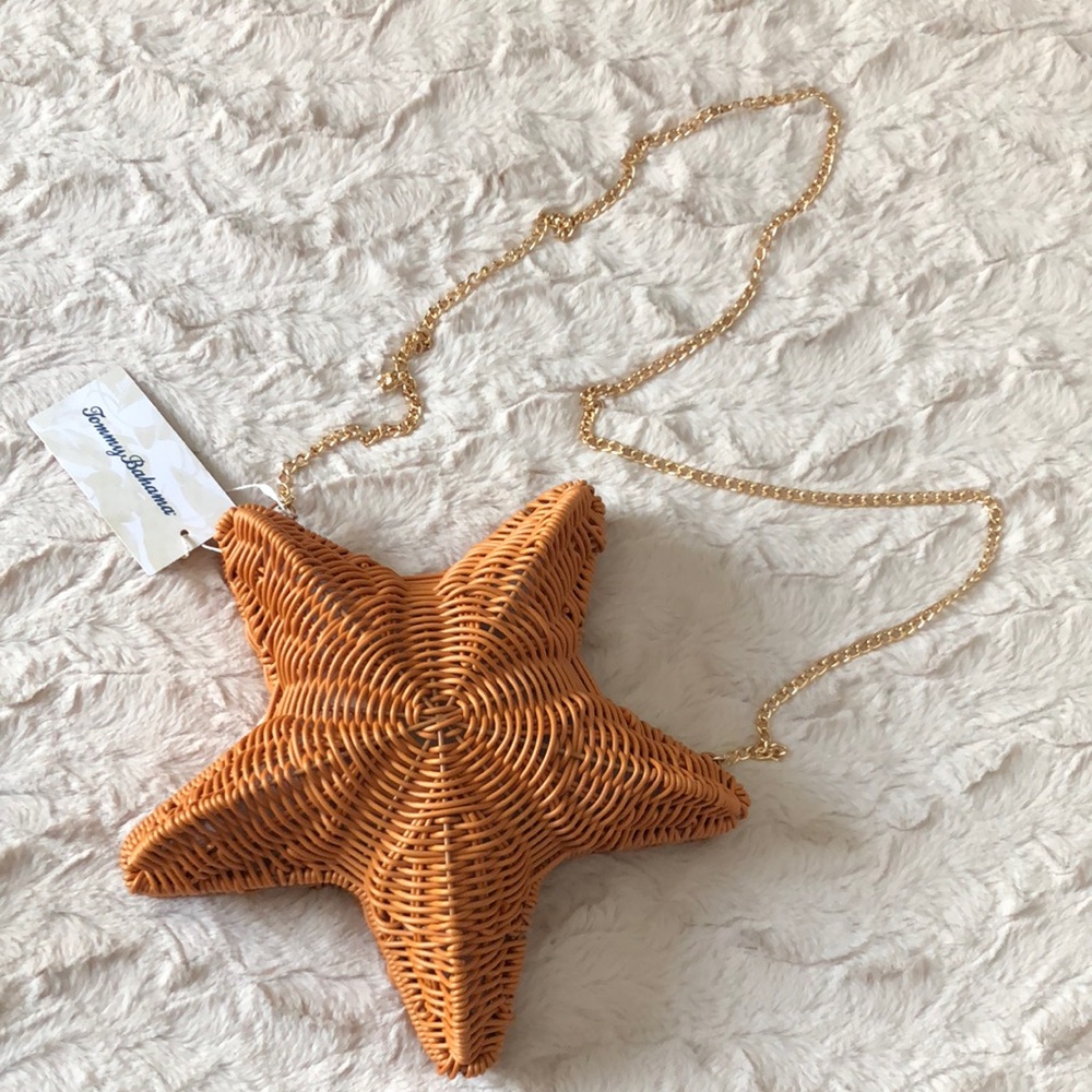 TOMMY BAHAMA Viral Woven Wicker Starfish Crossbody Bag with gold chain